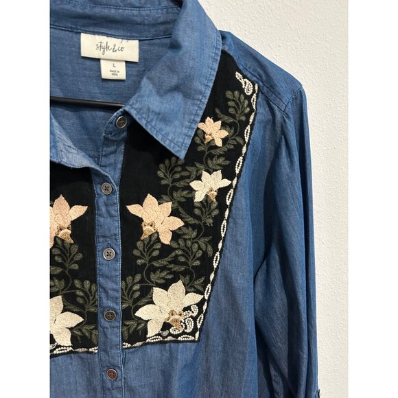 Style & Co Womens Embroidered Denim Long Sleeve Button Up Shirt Sz L - Picture 4 of 9